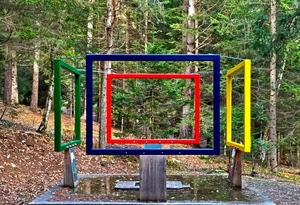 verde, alberi, giallo, blu, colori, rosso, quadrati, cornici, bosco, parco, rettangoli, tronchi, gioco, installazione