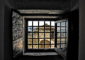 finestra, vetro, riflesso, grata, arco, castello, quadrati, inferriata, riflessi, tetto, imposta, cielo, muri, legno