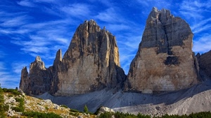cielo, cime, azzurro, nuvole, montagne, rocce, montagna, vette, dolomiti, tre, roccia, erba, verde, bianco
