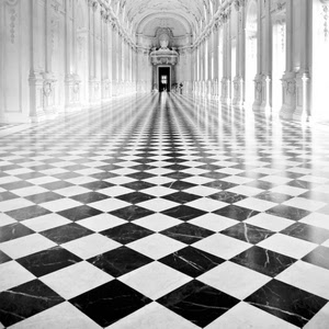 nero, bianco, bianconero, pavimento, prospettiva, galleria, porta, persone, colonne, marmo, rombi, quadrati, scacchiera, salone, palazzo, venaria, archi, reggia, arco, corridoio