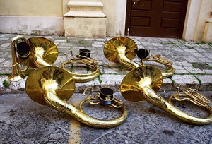 musica, ottoni, oro, tromboni, cappelli, quattro, marciapiede, strumenti