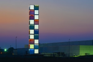 colori, rosso, quadrati, verde, bianco, cielo, luci, torre, blu, lampioni, notturno, tramonto, capannoni, sera, notte, cubi, luce